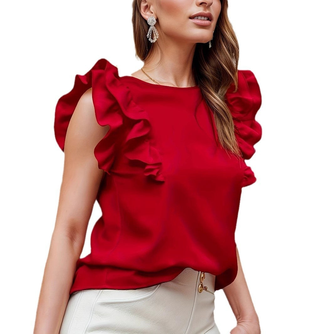 Round Neck Sleeveless Shirt Ruffle Sleeve Pleated Elegant Lady