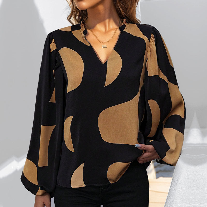 Women's Bubble Sleeve Stand Collar Printed Shirt