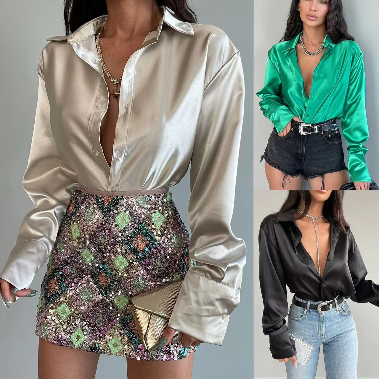 Single-breasted Long Sleeve Lapel Shirt Sexy Women Clothing